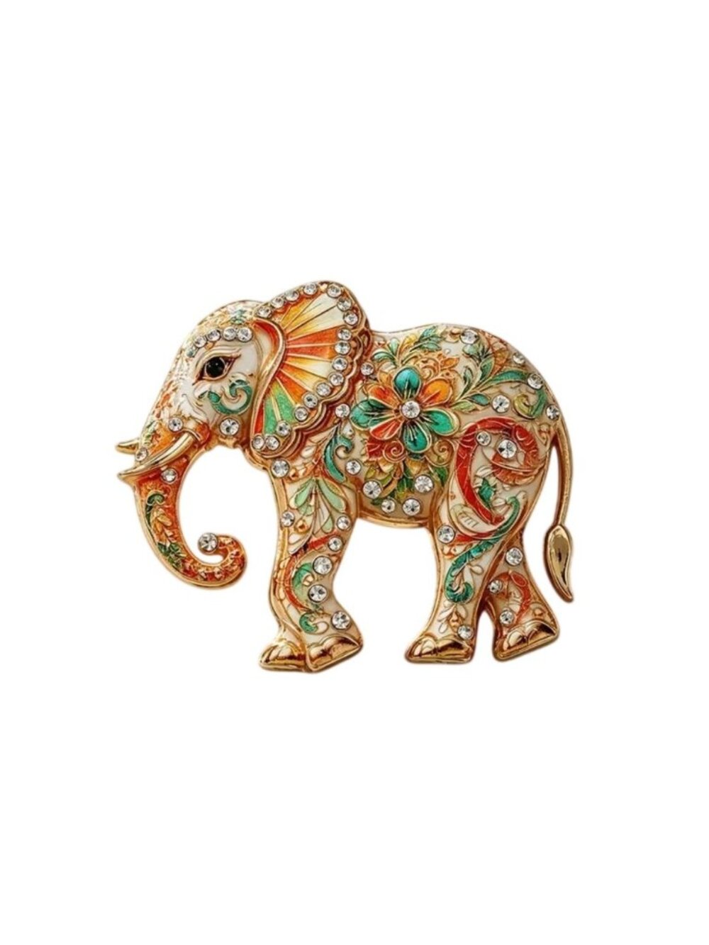 Elephant Brooch Pin With crystals & Enamel Orange & Green Gold Tone Floral